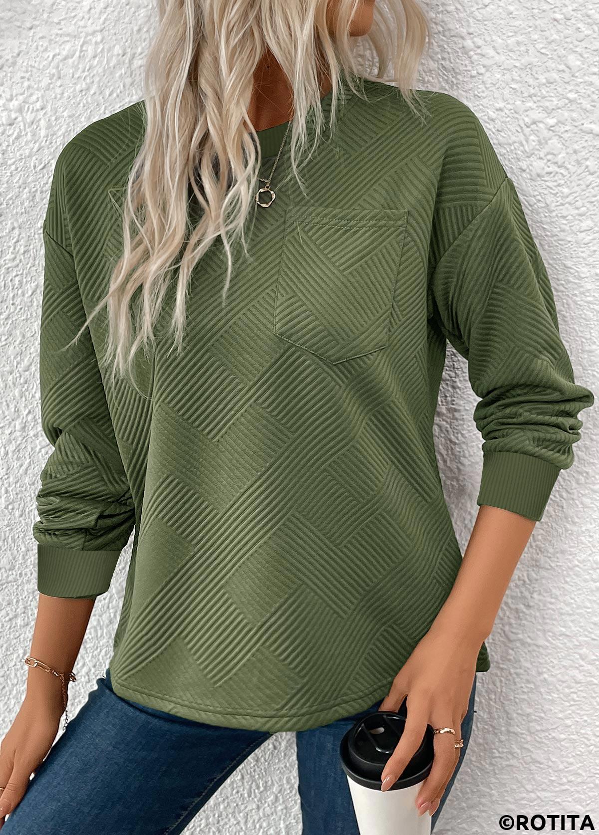 Olive Green tops,Plain Color tops,ROTITA Jacquard Olive Green Round Neck Long Sleeve Sweatshirt