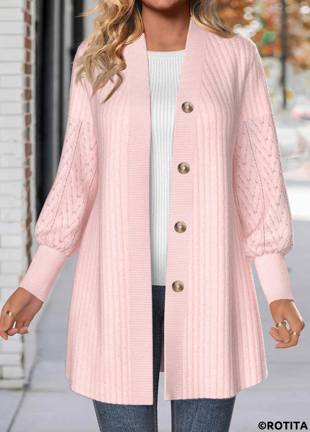 Light Pink tops,Plain Color tops,ROTITA Lace Light Pink Long Sleeve Button Coat