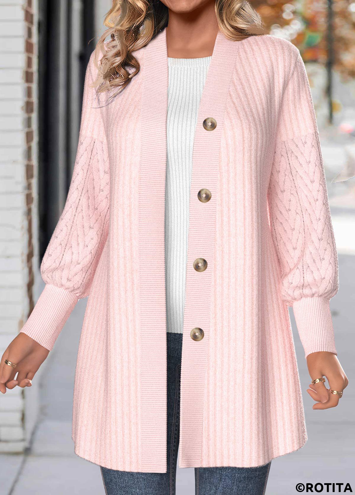 Light Pink tops,Plain Color tops,ROTITA Lace Light Pink Long Sleeve Button Coat