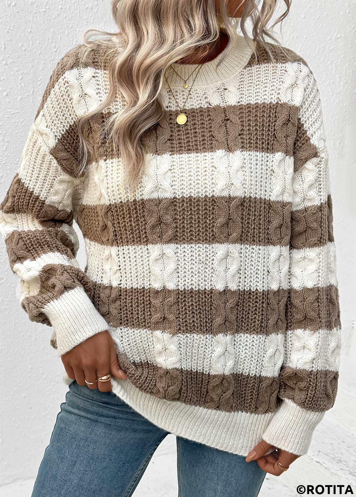 Dark Coffee tops,Striped tops,Geometric tops,Weave Striped Dark Coffee Round Neck Long Sleeve Sweater