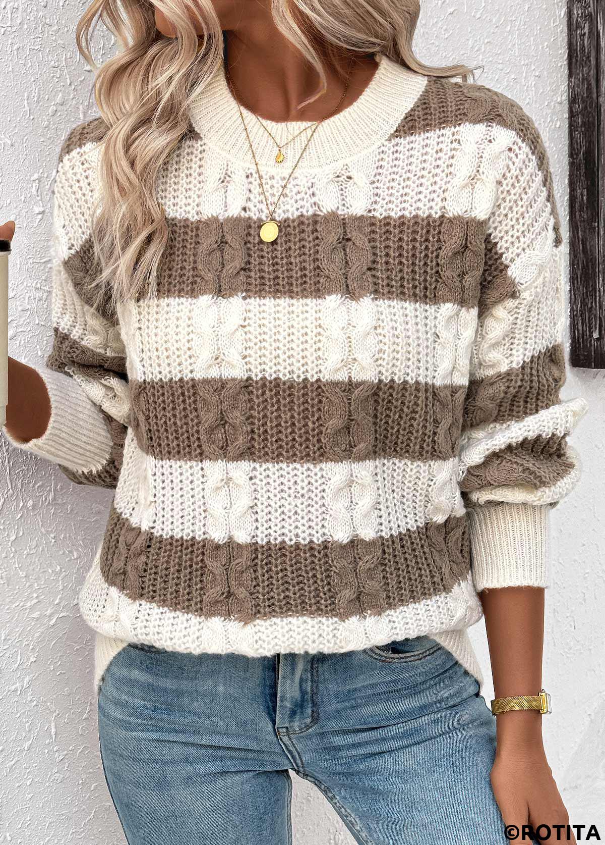Dark Coffee tops,Striped tops,Geometric tops,Weave Striped Dark Coffee Round Neck Long Sleeve Sweater