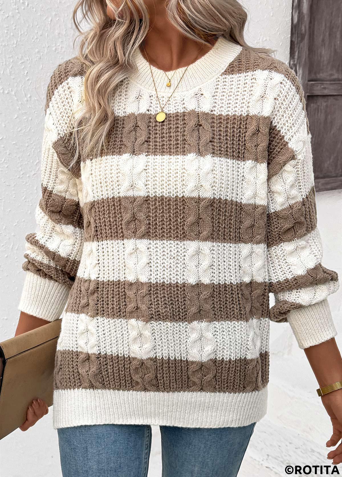 Dark Coffee tops,Striped tops,Geometric tops,Weave Striped Dark Coffee Round Neck Long Sleeve Sweater