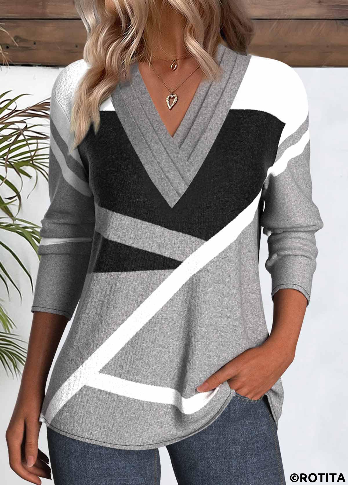 Grey plus size,Geometric plus size,ROTITA Plus Size Patchwork Grey Geometric Print T Shirt