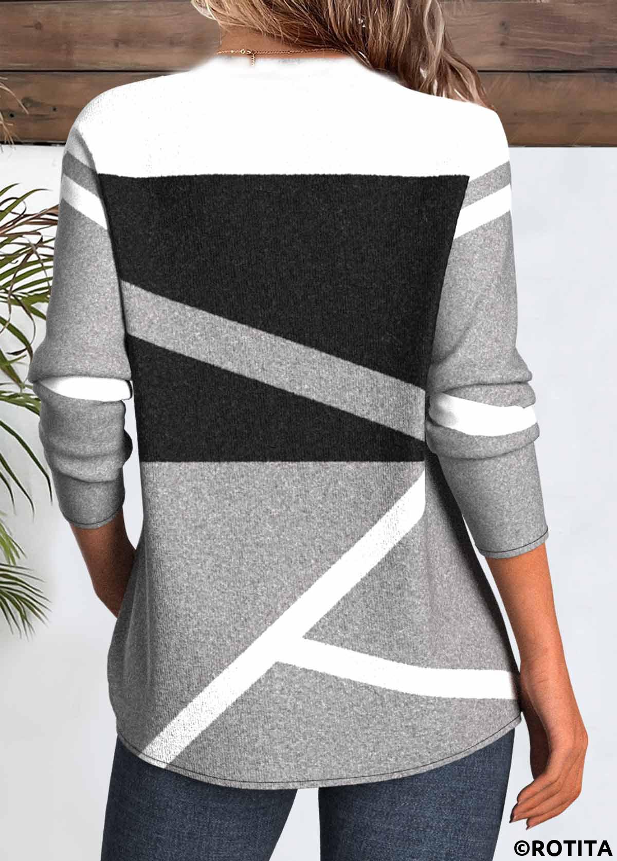 Grey plus size,Geometric plus size,ROTITA Plus Size Patchwork Grey Geometric Print T Shirt