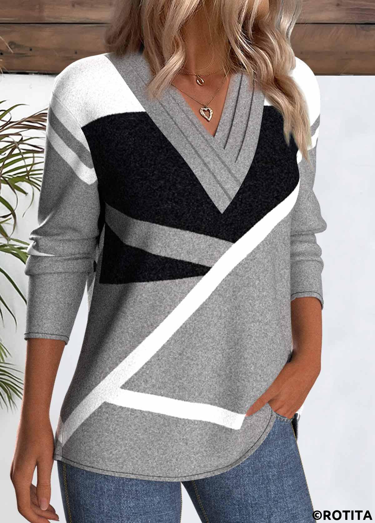Grey plus size,Geometric plus size,ROTITA Plus Size Patchwork Grey Geometric Print T Shirt
