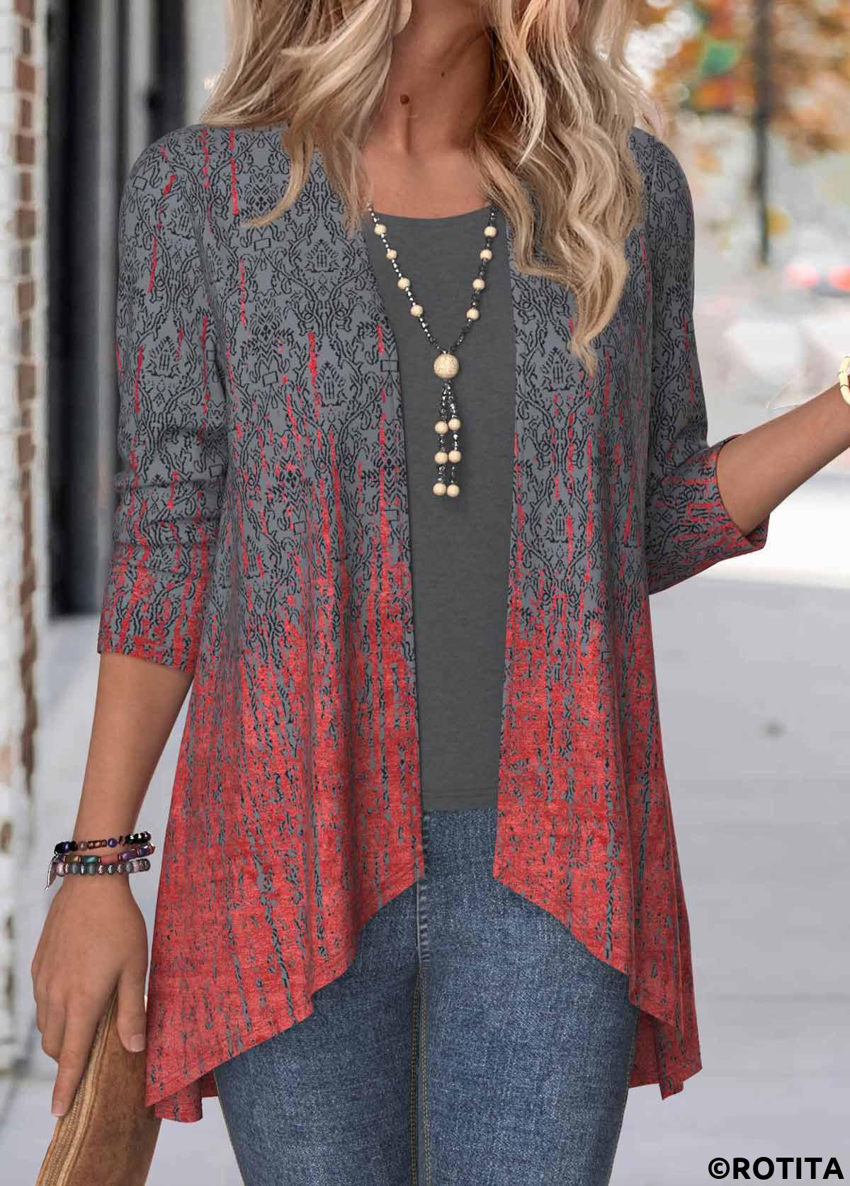 Dark Grey tops,Ombre tops,ROTITA Ombre Dark Grey Long Sleeve Open Front Coat