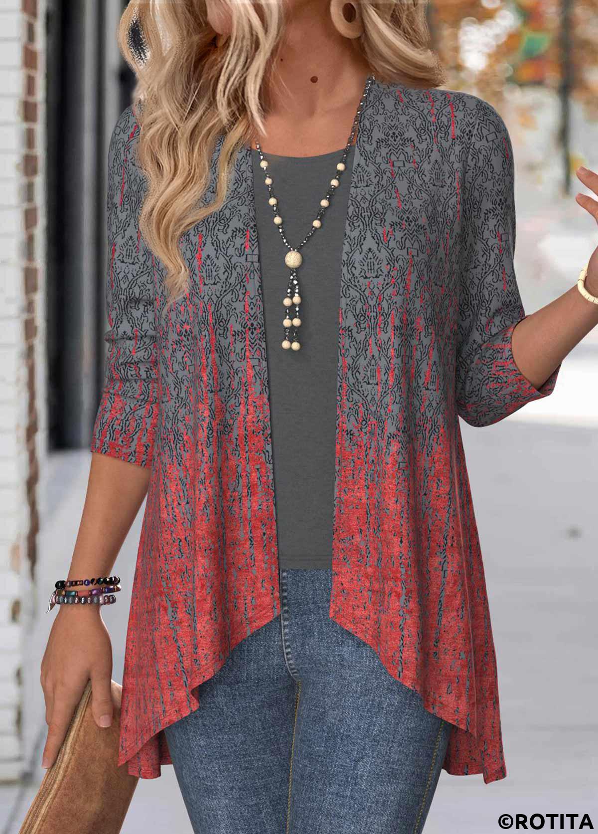 Dark Grey tops,Ombre tops,ROTITA Ombre Dark Grey Long Sleeve Open Front Coat