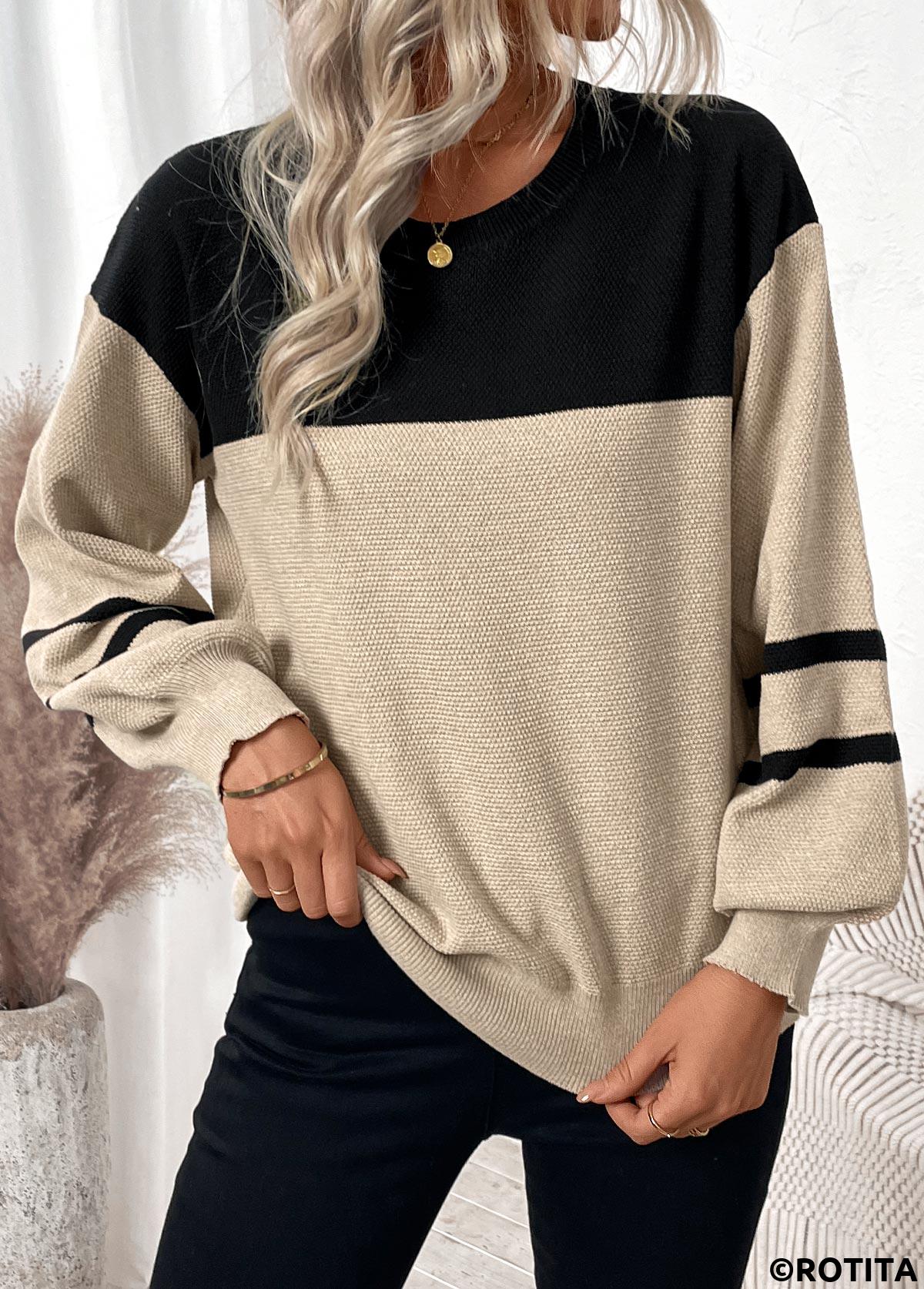 Light Camel tops,Striped tops,Geometric tops,Patchwork Striped Light Camel Round Neck Long Sleeve Sweater