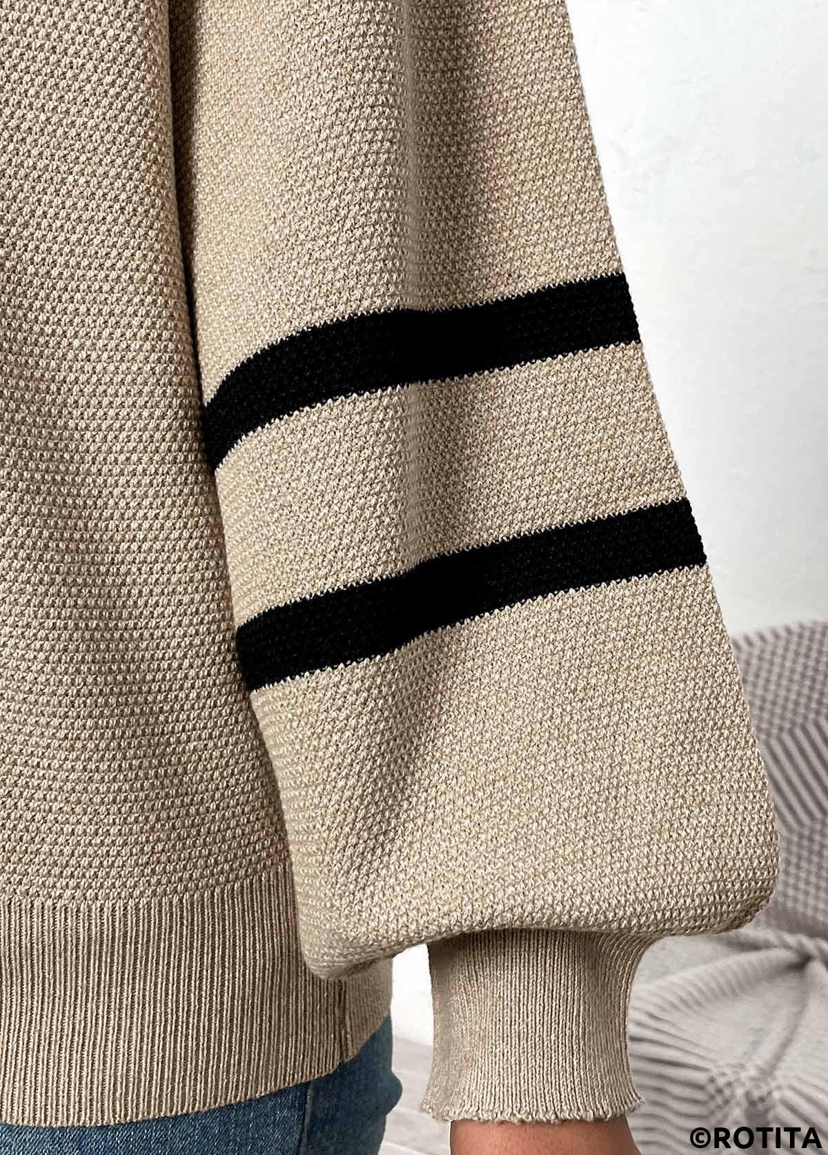 Light Camel tops,Striped tops,Geometric tops,Patchwork Striped Light Camel Round Neck Long Sleeve Sweater