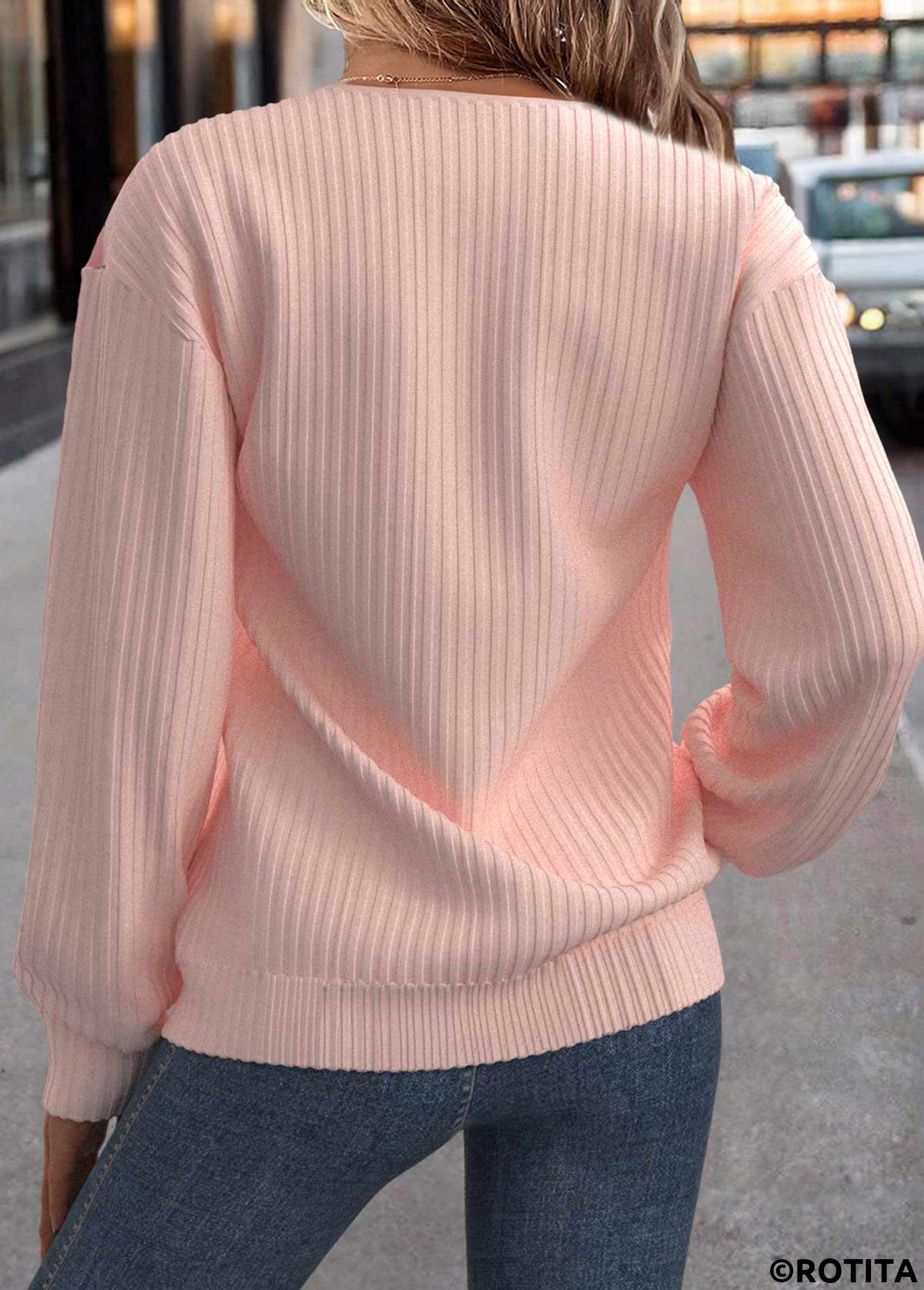Sweat-shirt à col rabattu rose clair à imprimé géométrique patchwork Rotita