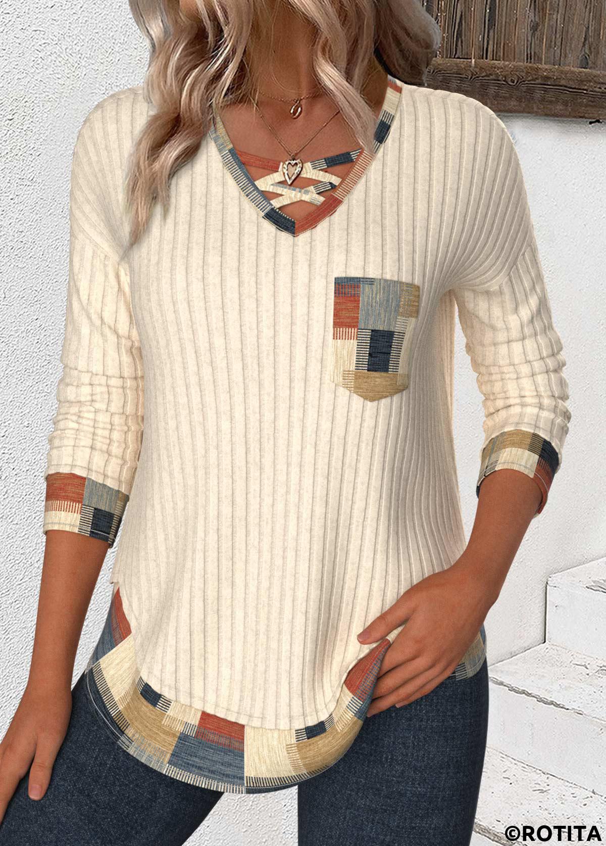 ROTITA Patchwork Geometric Print Beige V Neck T Shirt