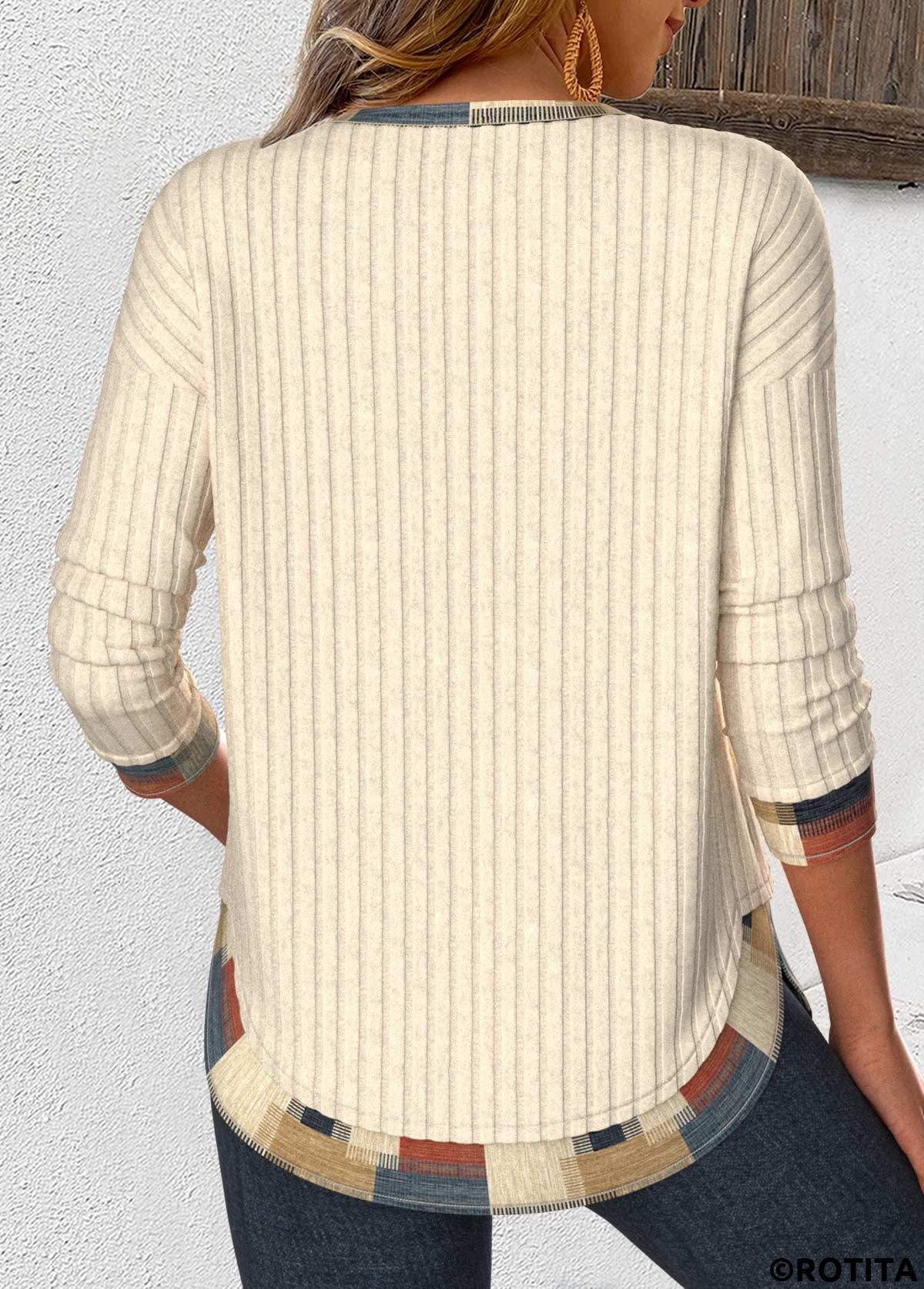 ROTITA Patchwork Geometric Print Beige V Neck T Shirt