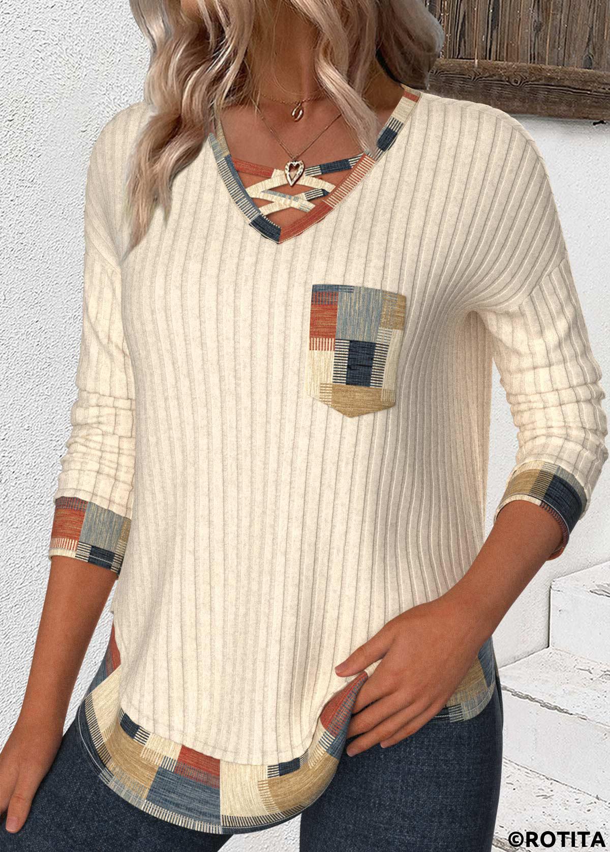 ROTITA Patchwork Geometric Print Beige V Neck T Shirt