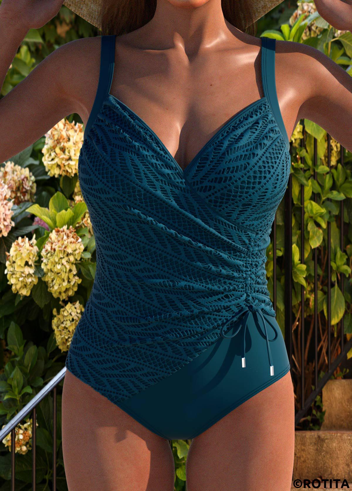 Peacock Blue swimwear,Plain Color swimwear,ROTITA Embroidery Peacock Blue One Piece Swimwear