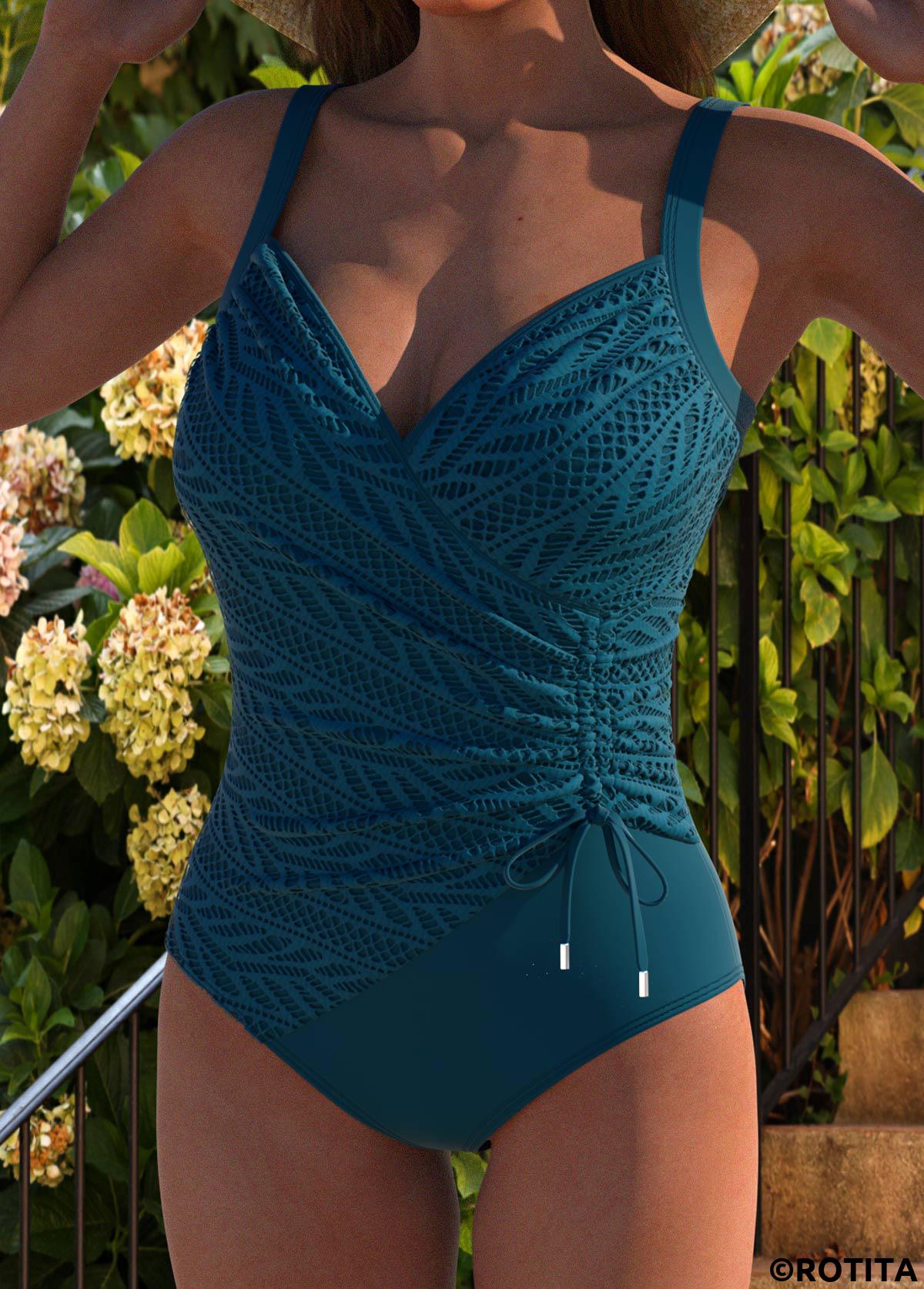 Peacock Blue swimwear,Plain Color swimwear,ROTITA Embroidery Peacock Blue One Piece Swimwear