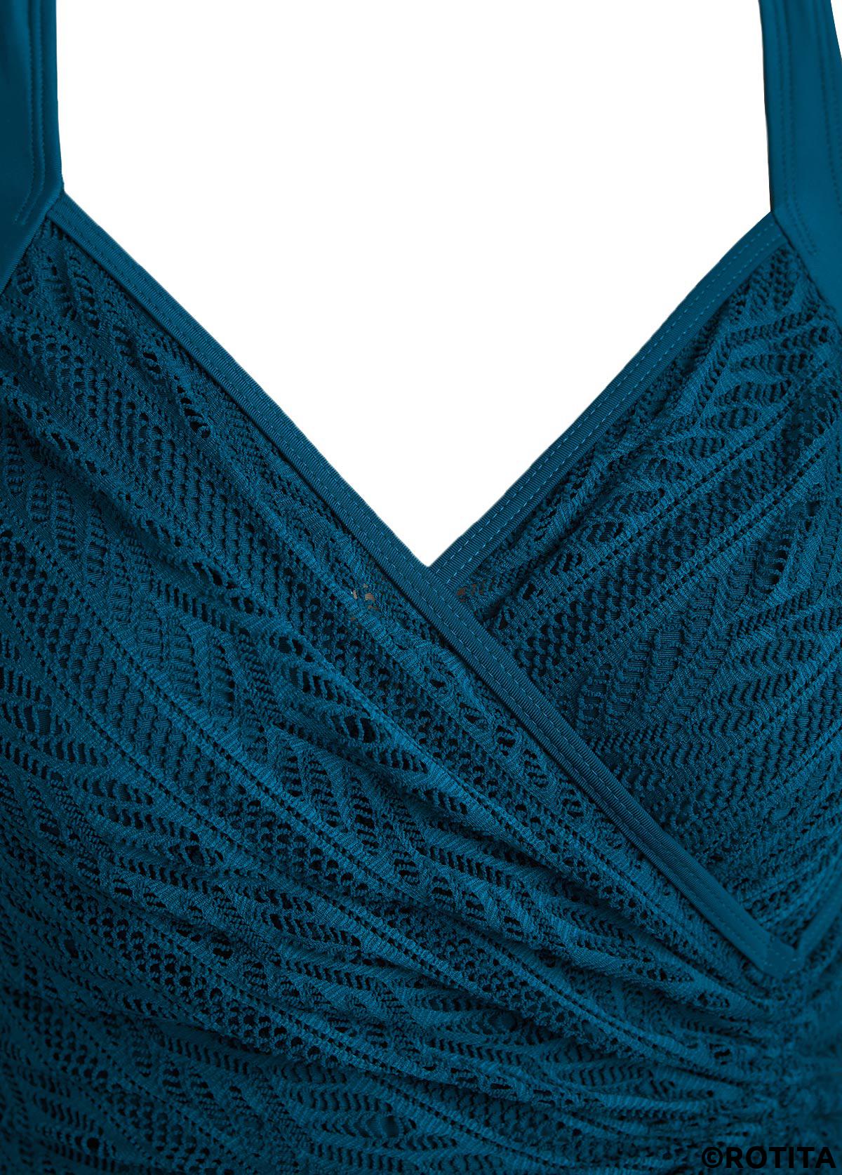 Peacock Blue swimwear,Plain Color swimwear,ROTITA Embroidery Peacock Blue One Piece Swimwear