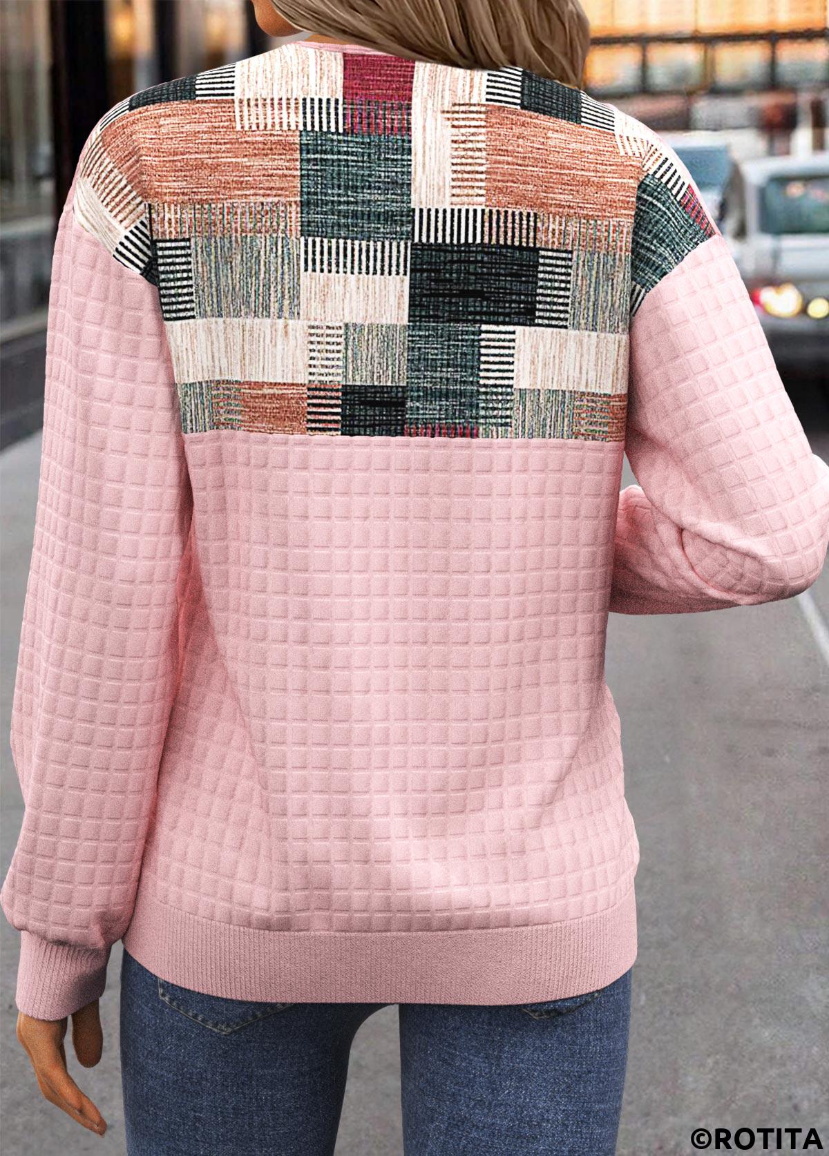 Pink tops,Geometric tops,ROTITA Button Geometric Print Pink Split Neck Sweatshirt