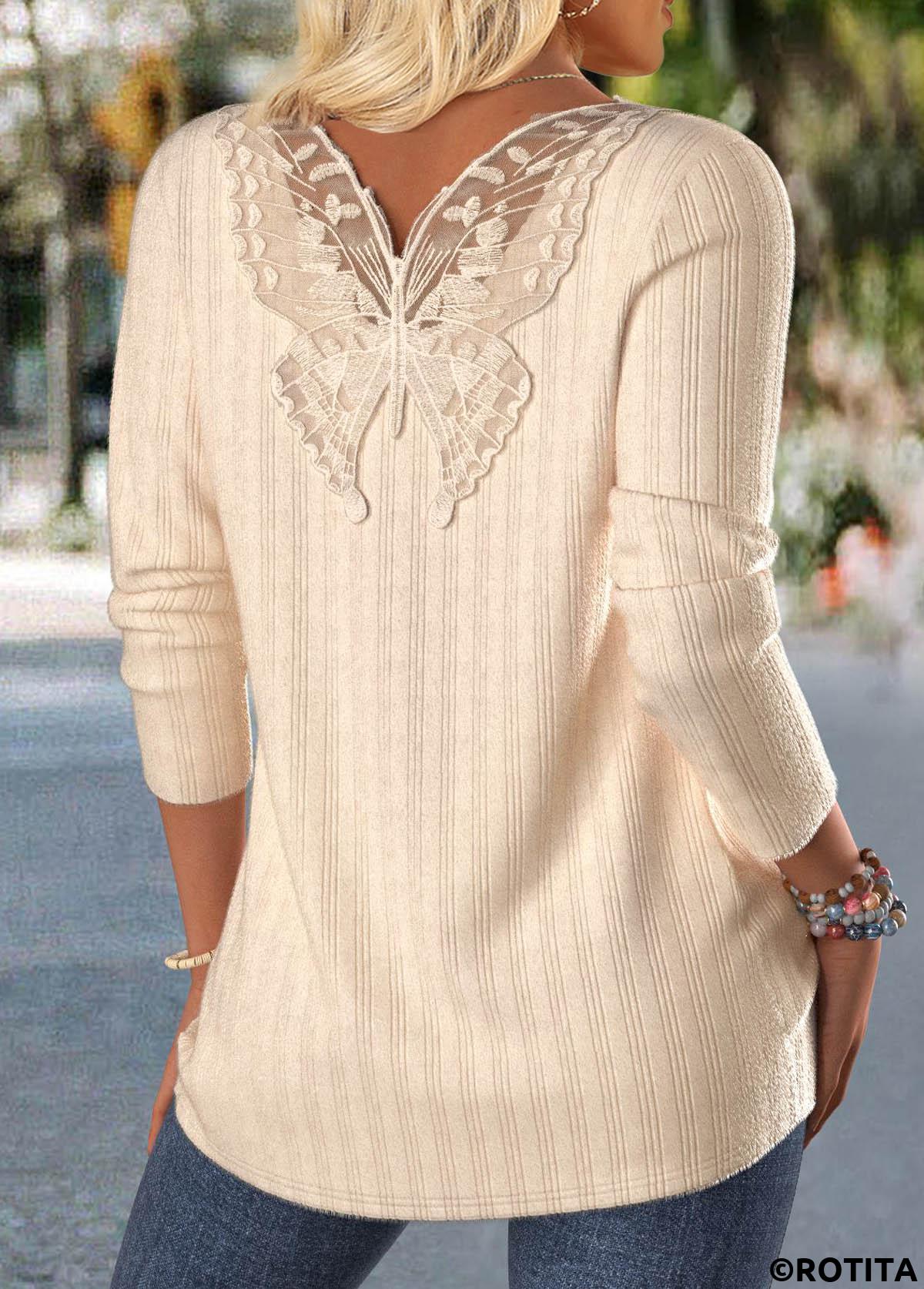 Beige tops,Plain Color tops,ROTITA Lace Beige Round Neck Long Sleeve T Shirt