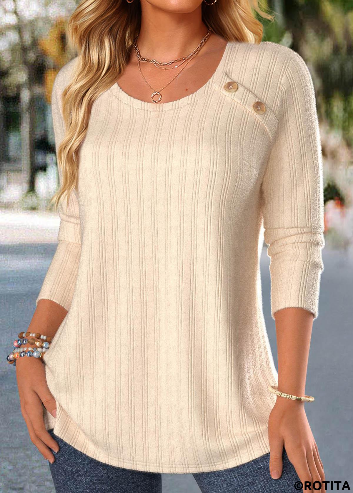 Beige tops,Plain Color tops,ROTITA Lace Beige Round Neck Long Sleeve T Shirt