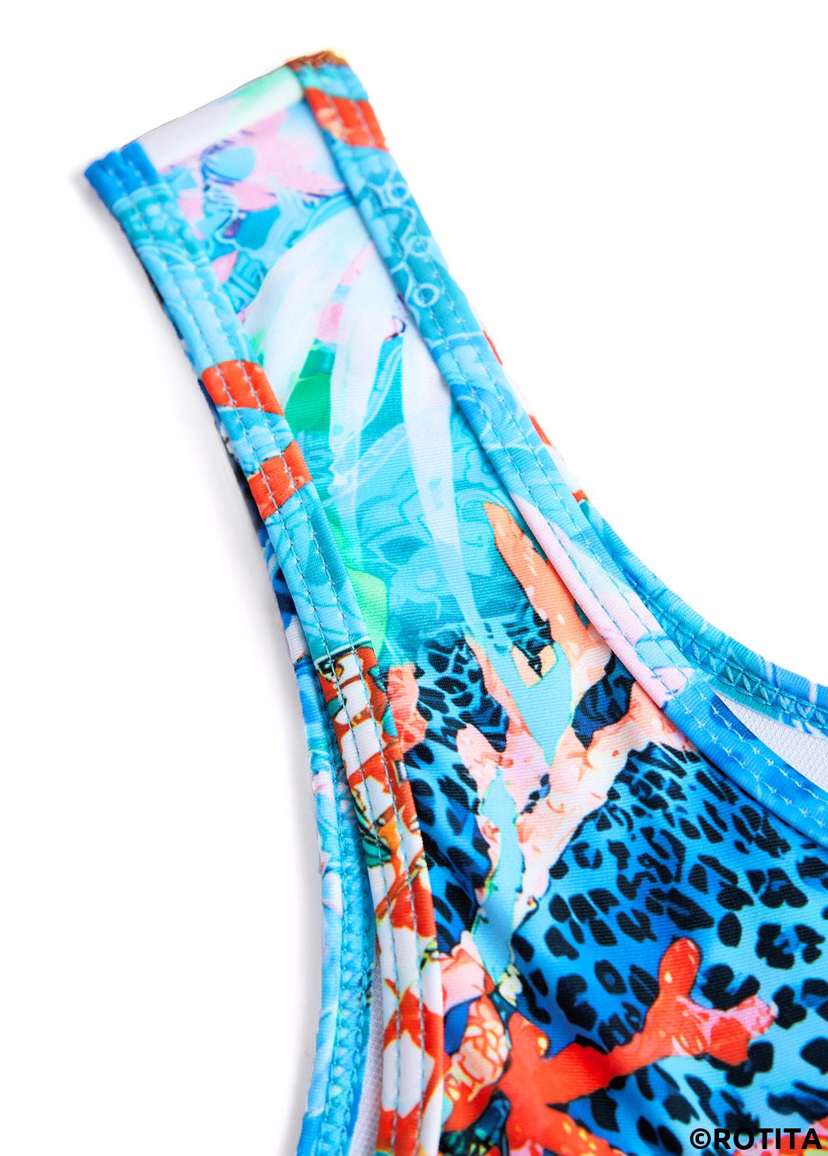 Cyan plus size,Animal Print plus size,ROTITA Plus Size Tie Marine Life Print Cyan Tankini Set