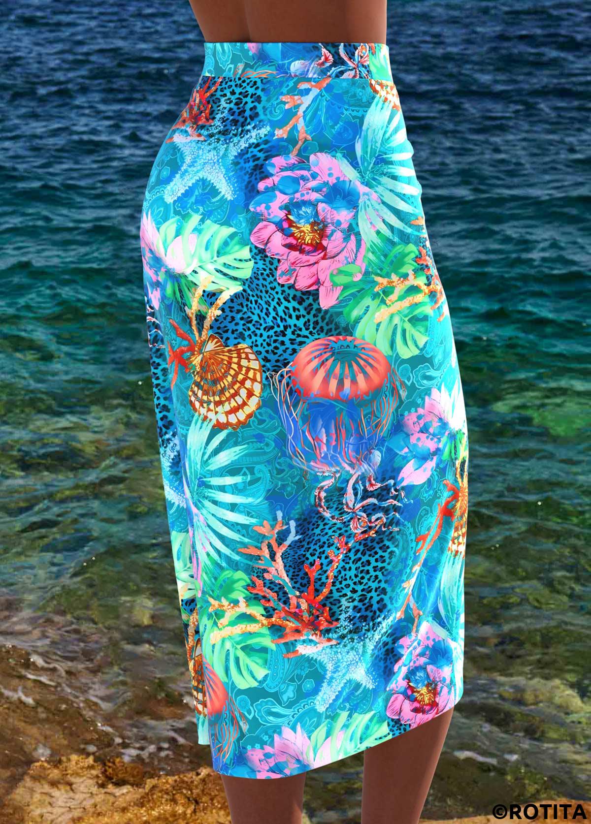 Cyan swimwear,Animal Print swimwear,ROTITA Bowknot Cyan Marine Life Print Cover Up