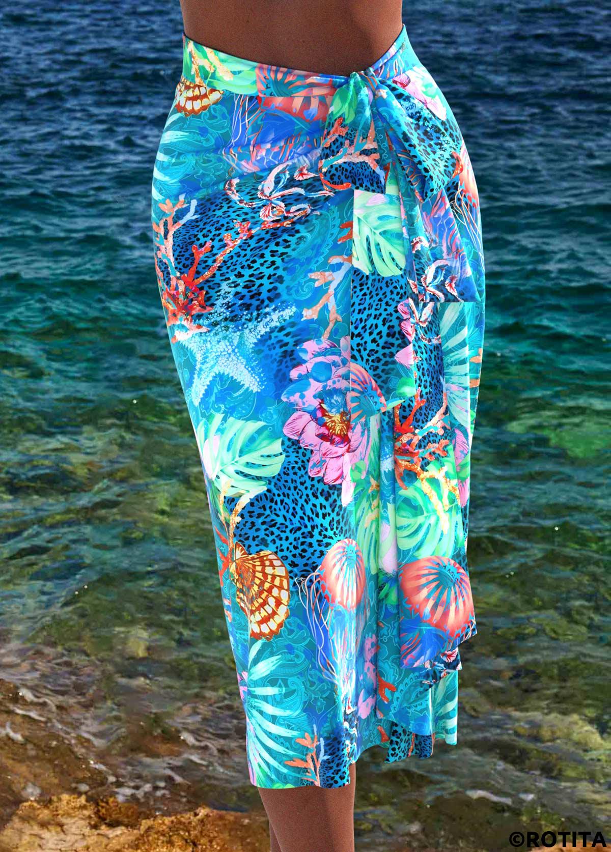 Cyan swimwear,Animal Print swimwear,ROTITA Bowknot Cyan Marine Life Print Cover Up