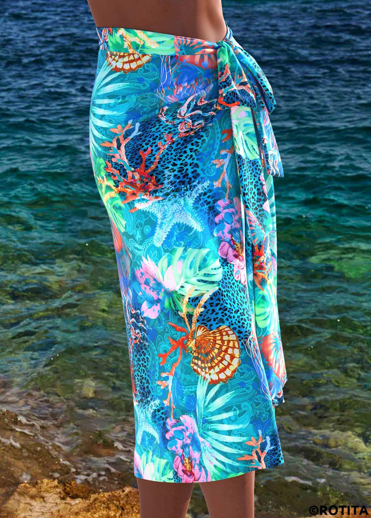 Cyan swimwear,Animal Print swimwear,ROTITA Bowknot Cyan Marine Life Print Cover Up