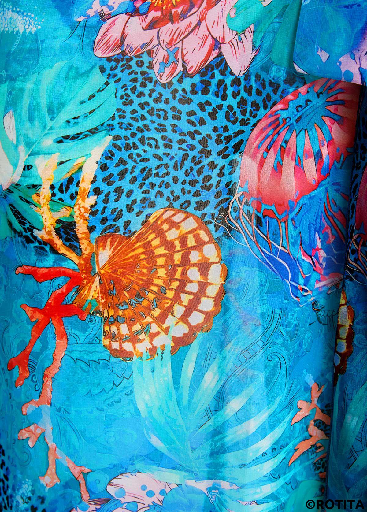 Cyan swimwear,Animal Print swimwear,ROTITA Bowknot Cyan Marine Life Print Cover Up