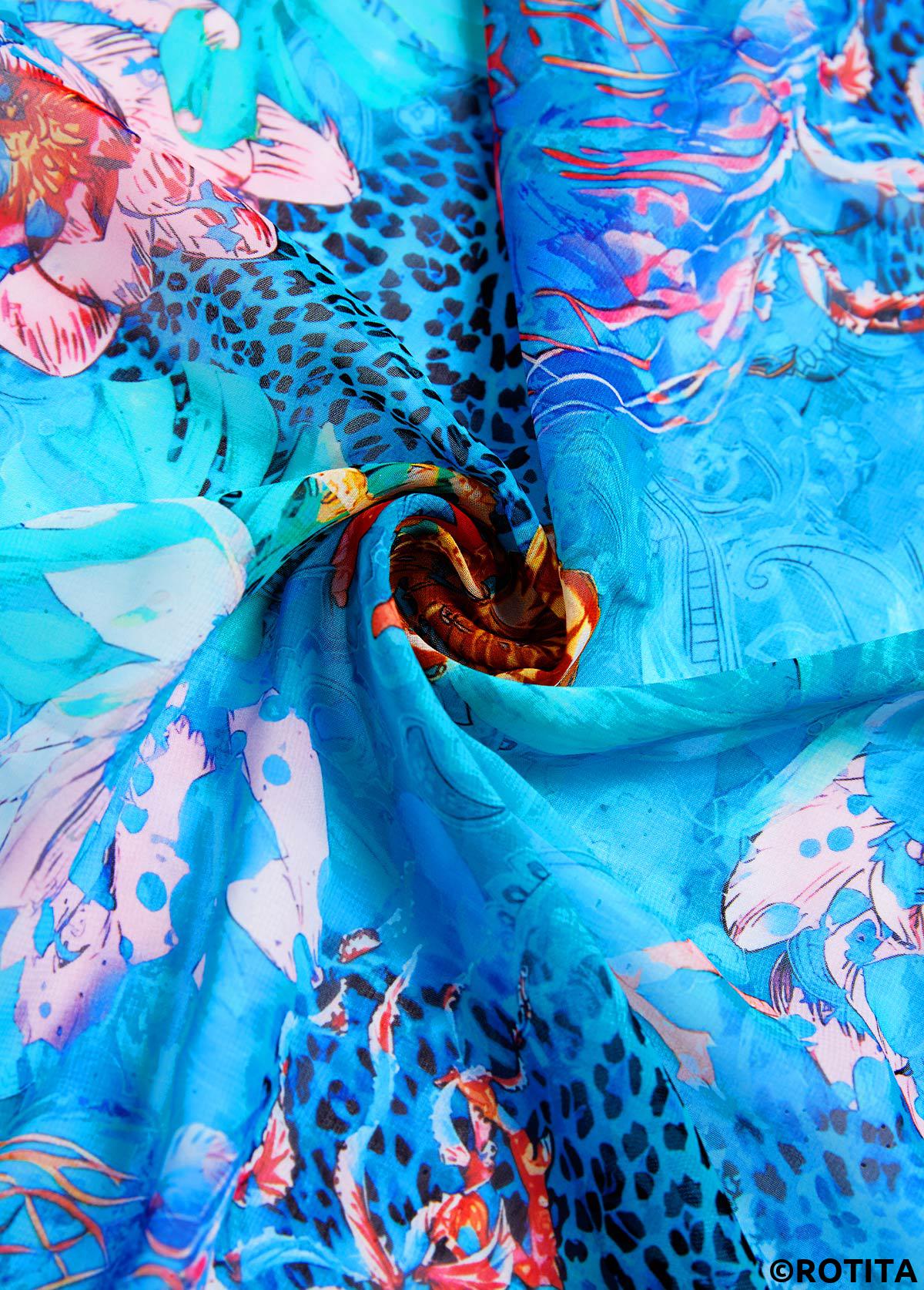 Cyan swimwear,Animal Print swimwear,ROTITA Bowknot Cyan Marine Life Print Cover Up