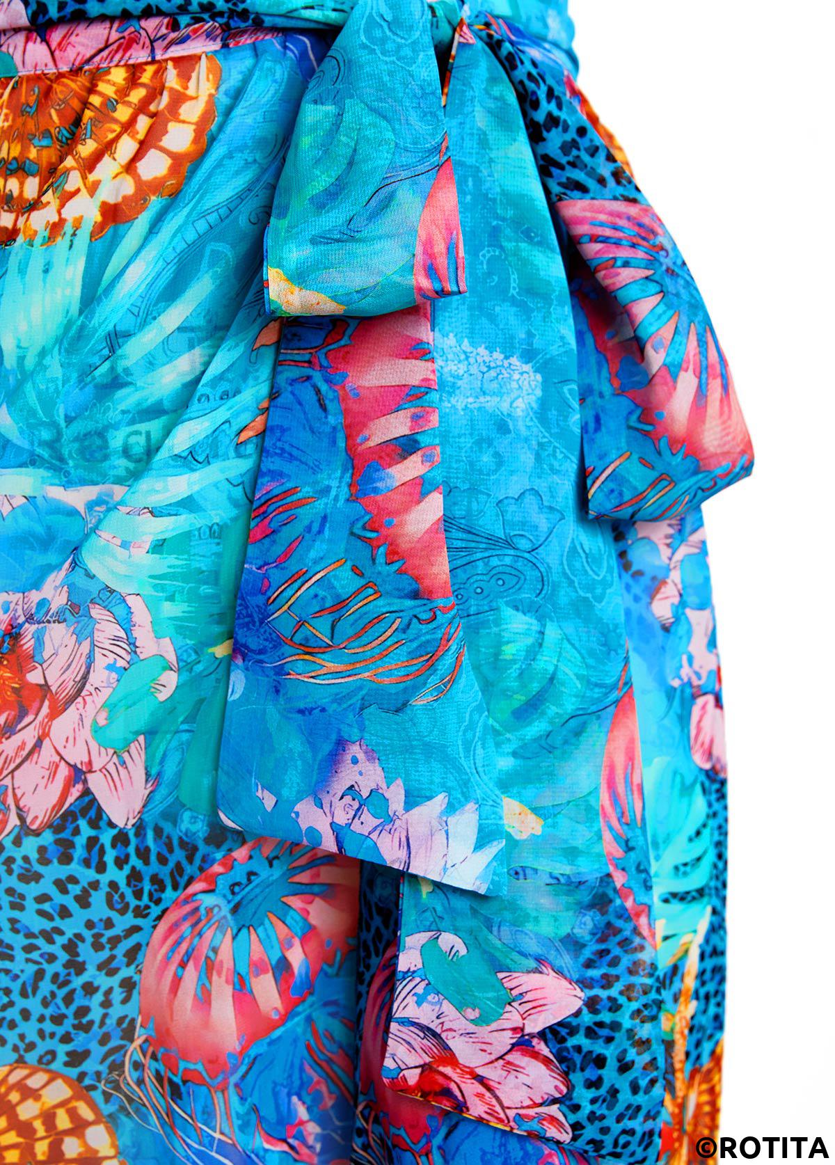 Cyan swimwear,Animal Print swimwear,ROTITA Bowknot Cyan Marine Life Print Cover Up
