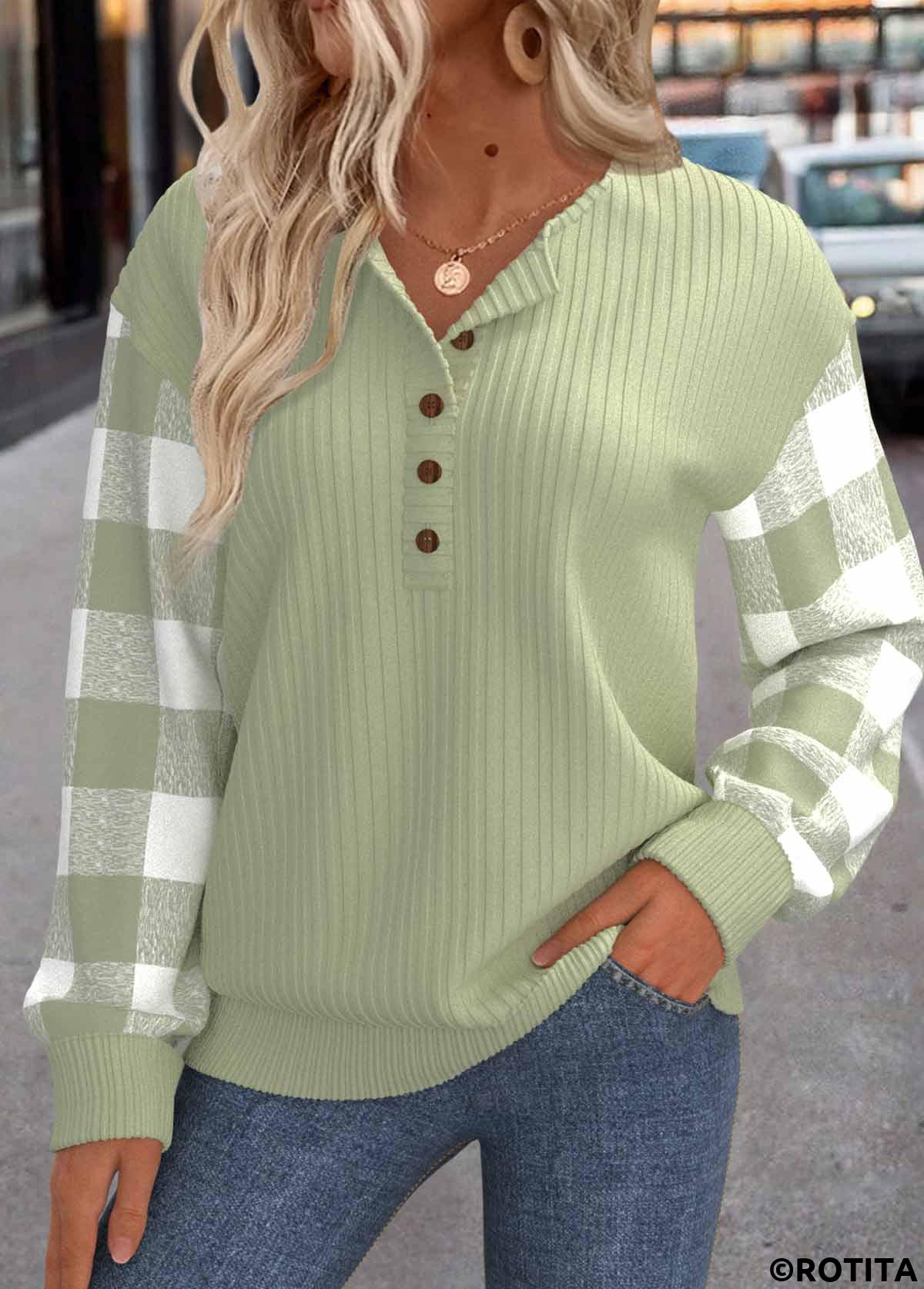 Light Green tops,Plaid tops,ROTITA Patchwork Plaid Light Green Round Neck Long Sleeve Sweatshirt