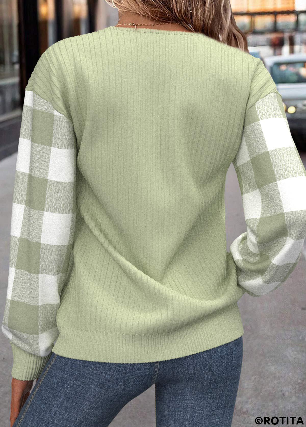 Light Green tops,Plaid tops,ROTITA Patchwork Plaid Light Green Round Neck Long Sleeve Sweatshirt