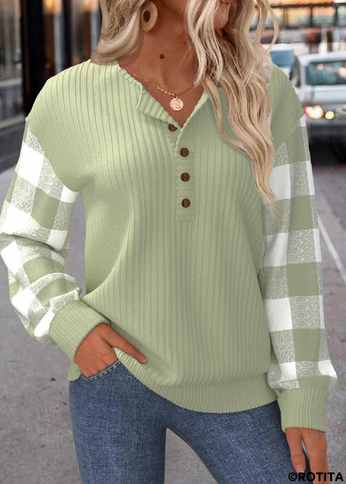 Light Green tops,Plaid tops,ROTITA Patchwork Plaid Light Green Round Neck Long Sleeve Sweatshirt
