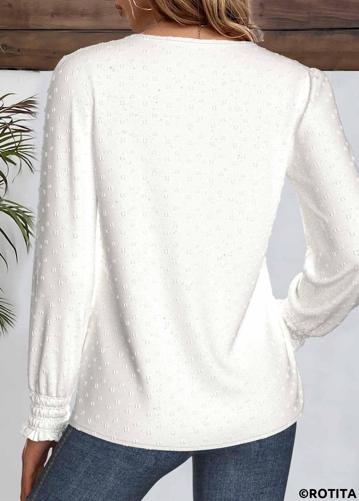 White tops,Plain Color tops,ROTITA Embroidery White Round Neck Long Sleeve Blouse