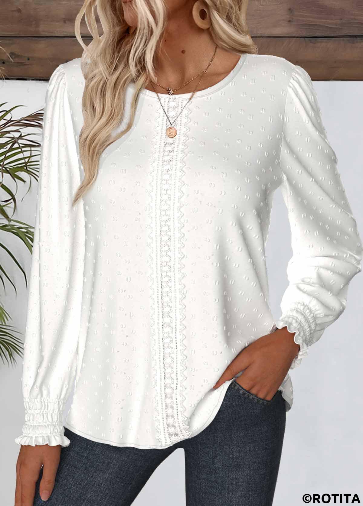 White tops,Plain Color tops,ROTITA Embroidery White Round Neck Long Sleeve Blouse