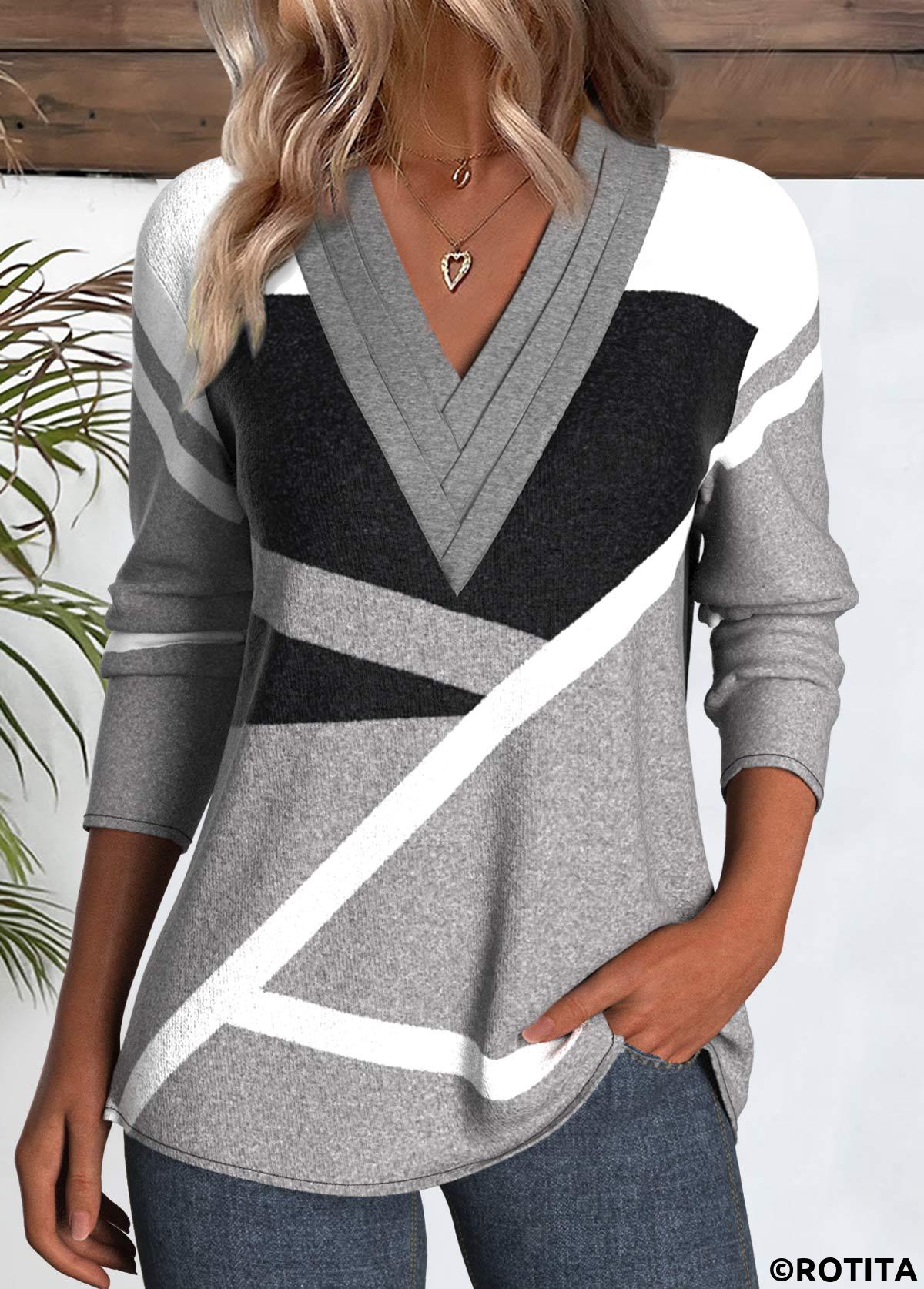 Grey plus size,Geometric plus size,ROTITA Plus Size Patchwork Grey Geometric Print T Shirt