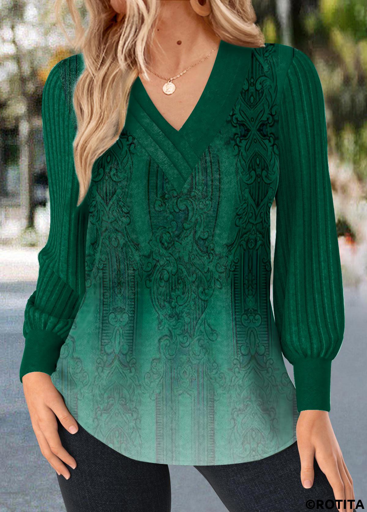 ROTITA Patchwork Ombre Green V Neck Long Sleeve T Shirt
