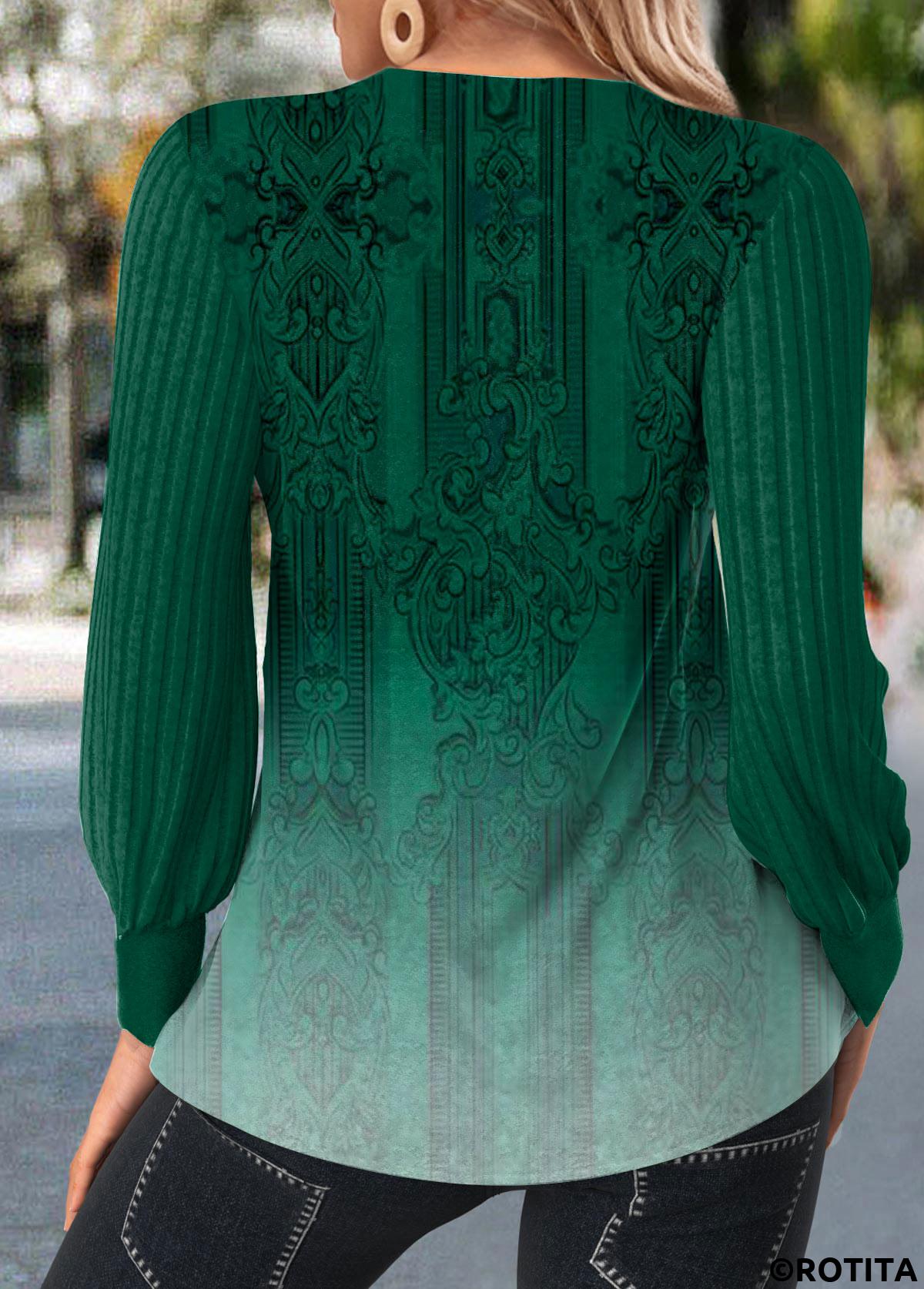 ROTITA Patchwork Ombre Green V Neck Long Sleeve T Shirt
