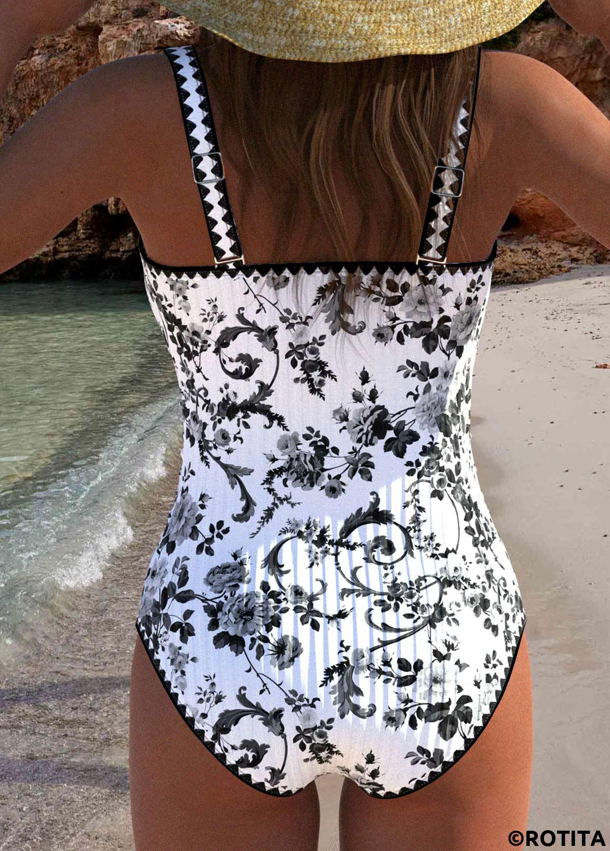 Black swimwear,Plants swimwear,Floral swimwear,ROTITA Drawstring Black Random Floral Print One Piece Swimwear