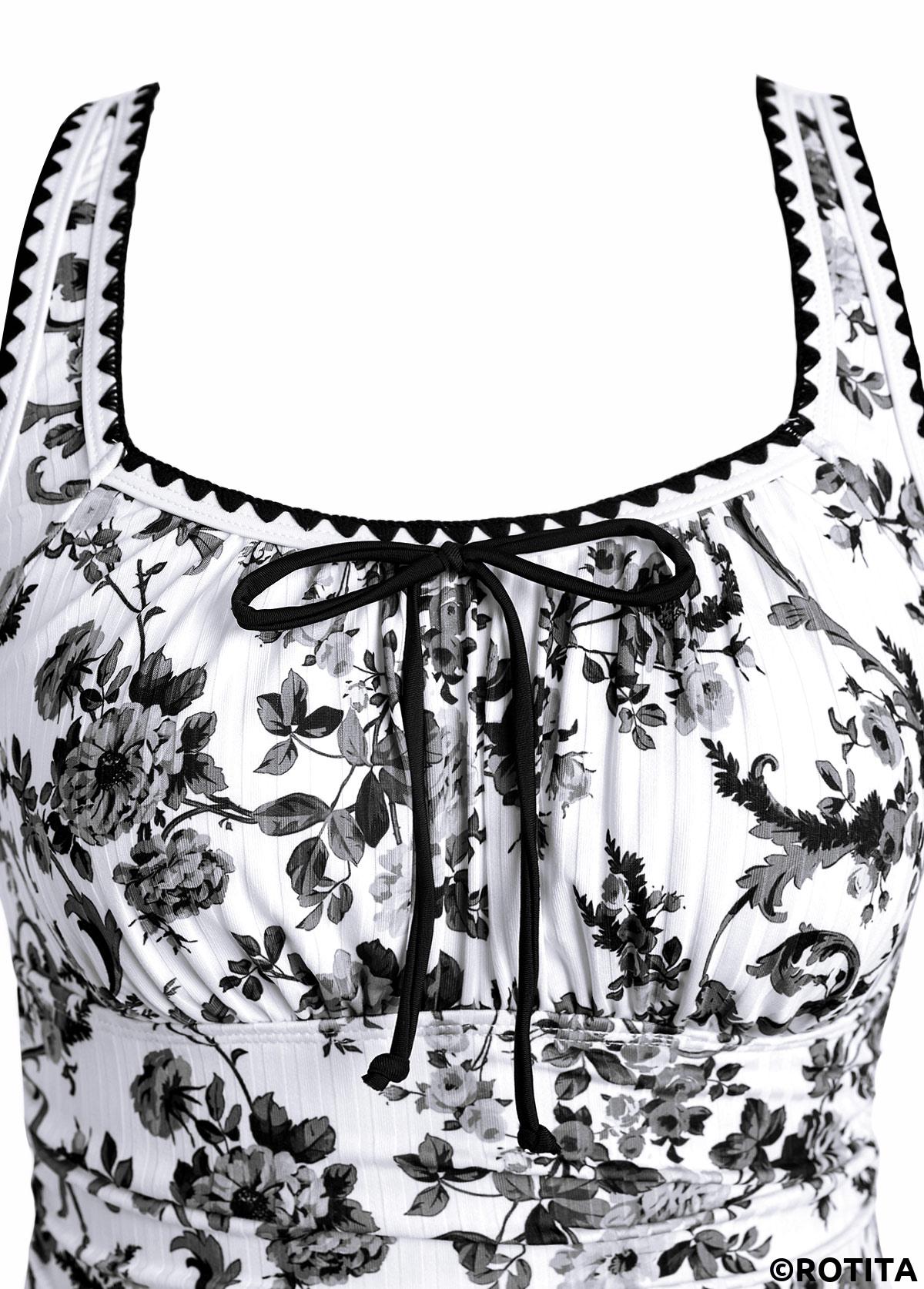 Black swimwear,Plants swimwear,Floral swimwear,ROTITA Drawstring Black Random Floral Print One Piece Swimwear