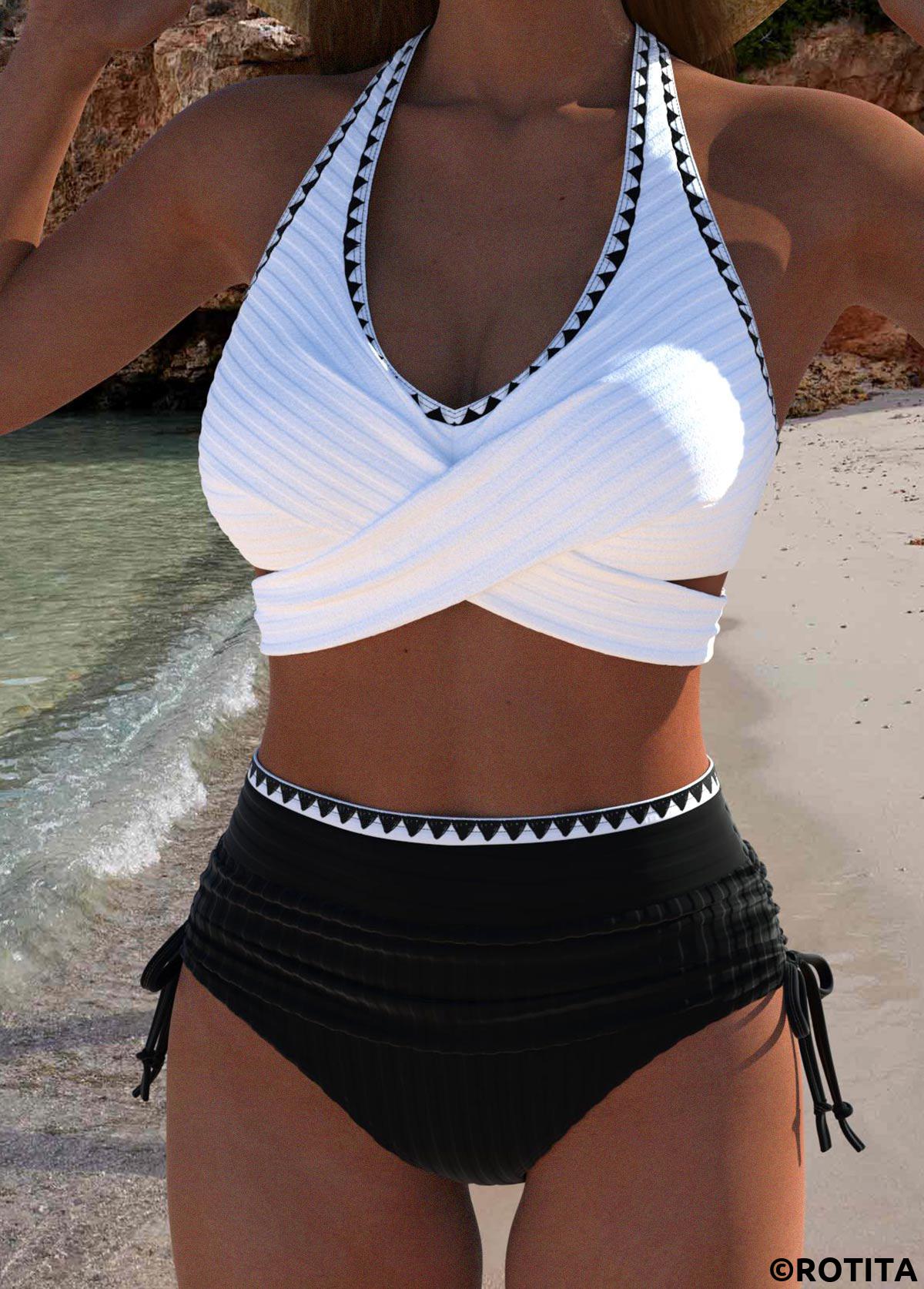 Black swimwear,Plain Color swimwear,ROTITA Black Criss Cross Adjustable Bikini Set