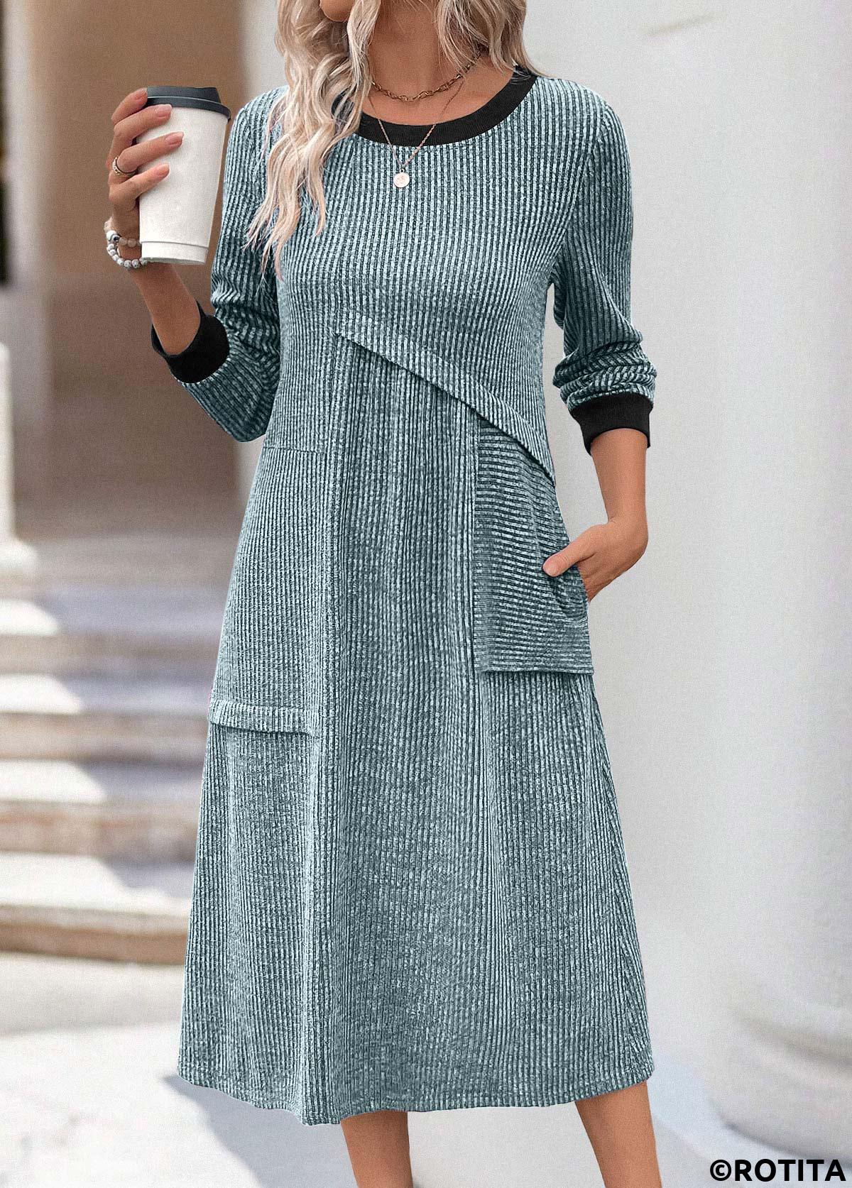 ROTITA Patchwork Light Blue A Line Round Neck Dress