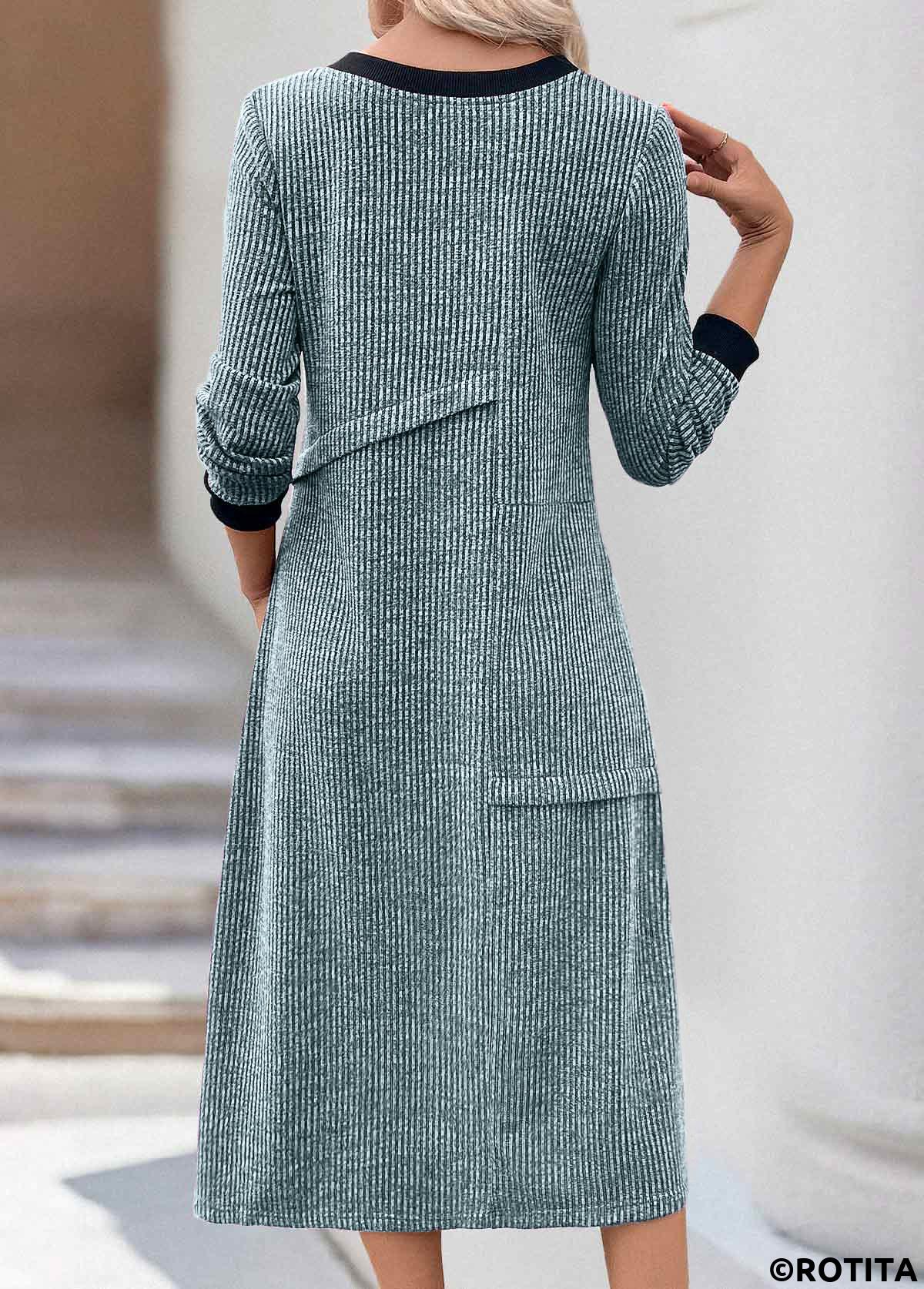 ROTITA Patchwork Light Blue A Line Round Neck Dress