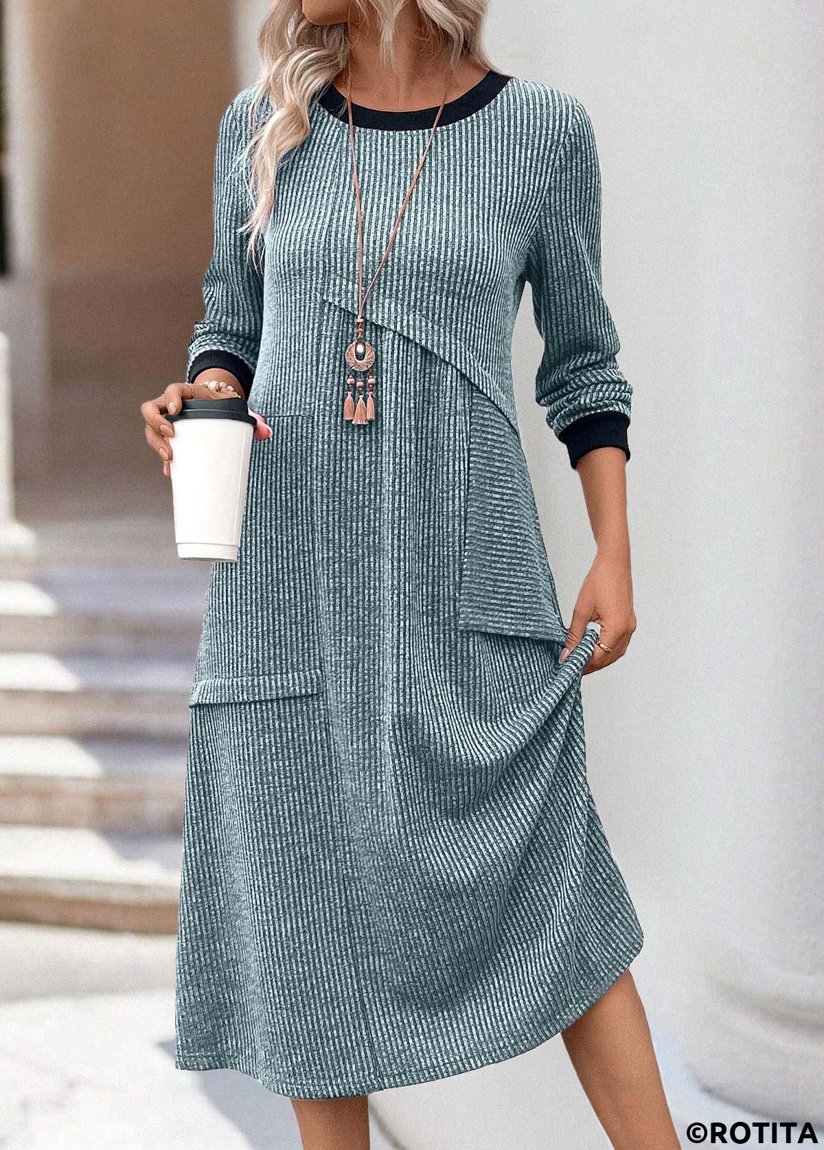ROTITA Patchwork Light Blue A Line Round Neck Dress