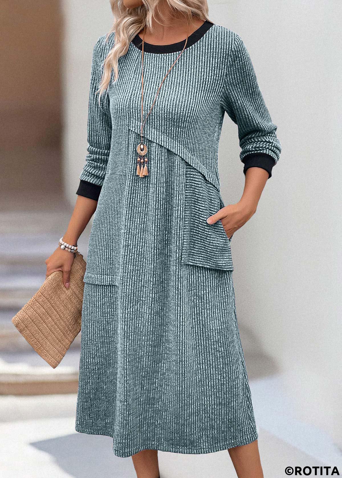 ROTITA Patchwork Light Blue A Line Round Neck Dress