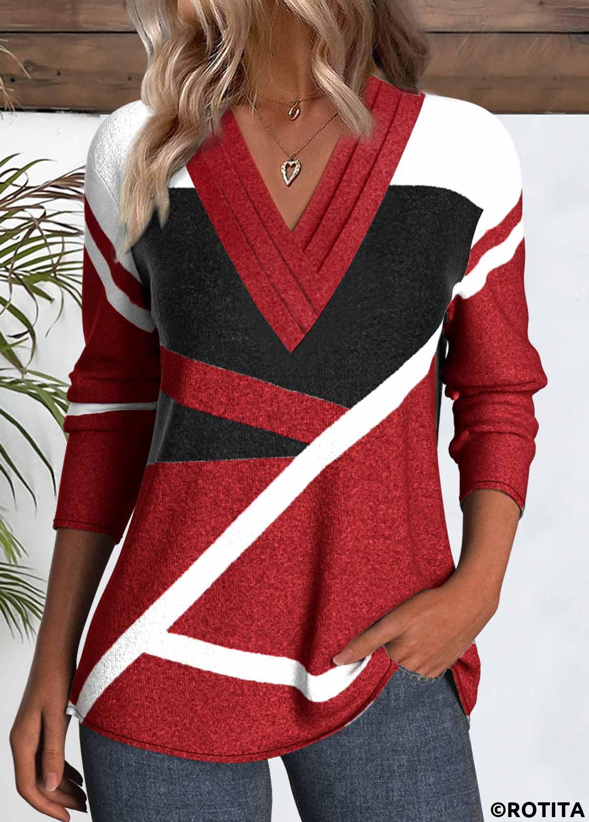 Red tops,Geometric tops,ROTITA Patchwork Geometric Print Red V Neck T Shirt