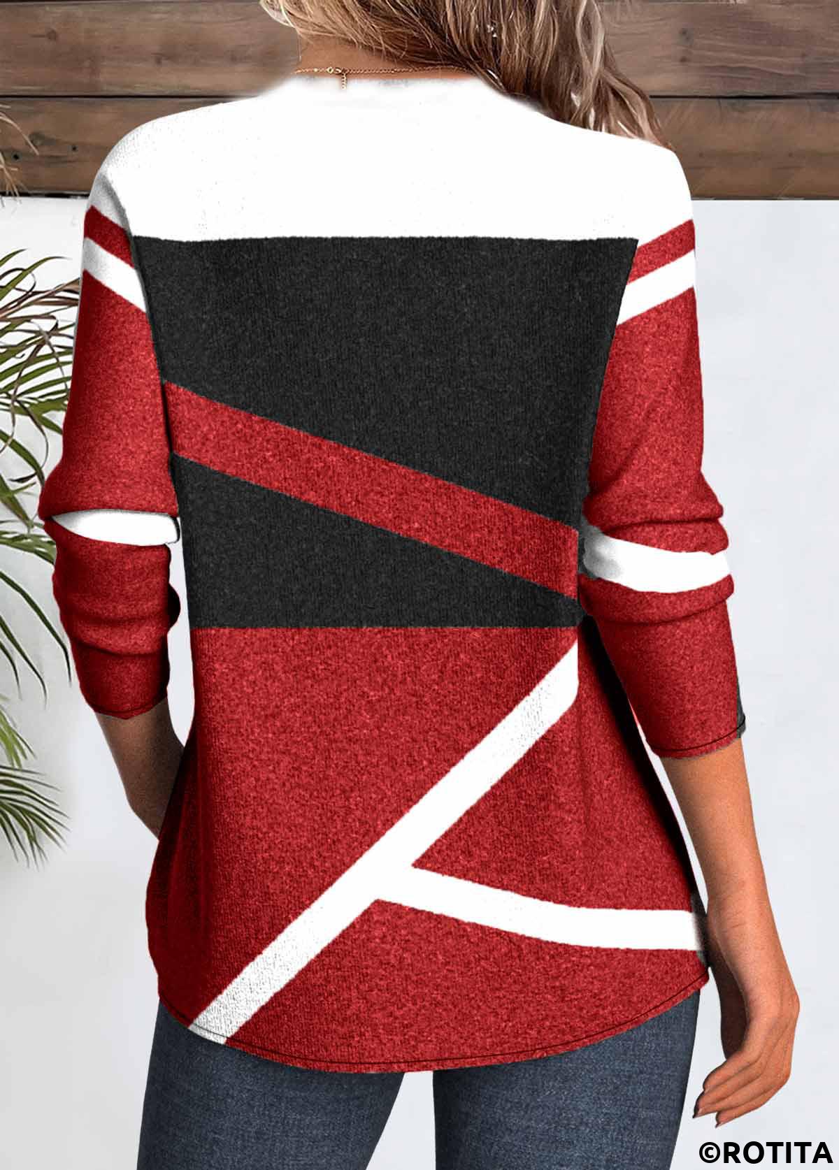 Red tops,Geometric tops,ROTITA Patchwork Geometric Print Red V Neck T Shirt