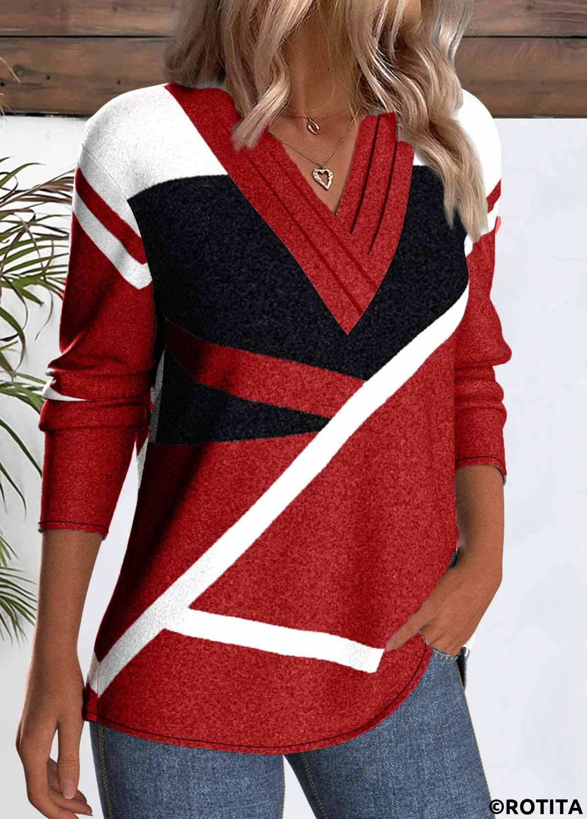Red tops,Geometric tops,ROTITA Patchwork Geometric Print Red V Neck T Shirt