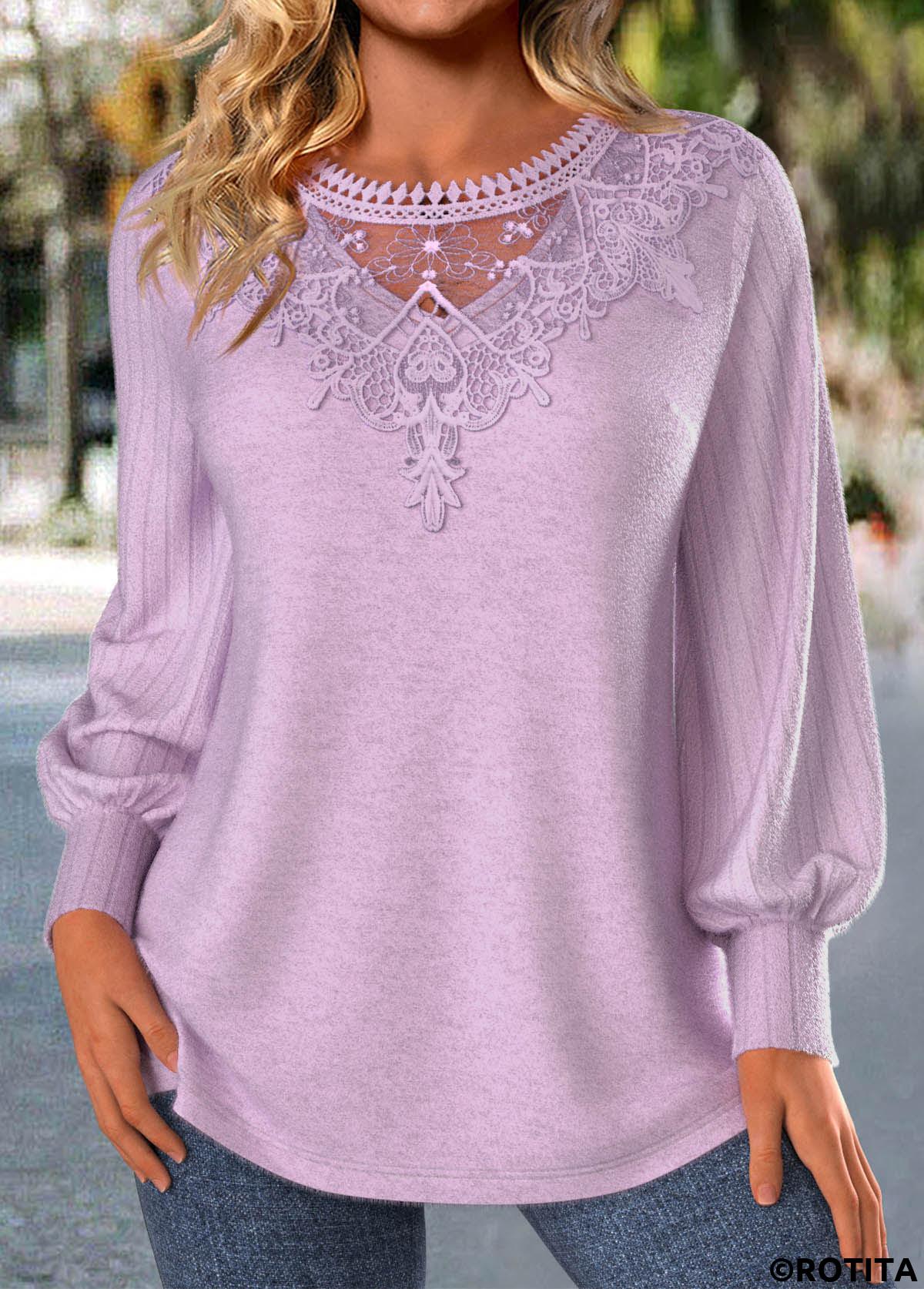 Light Purple tops,Plain Color tops,ROTITA Embroidery Light Purple Round Neck Long Sleeve T Shirt