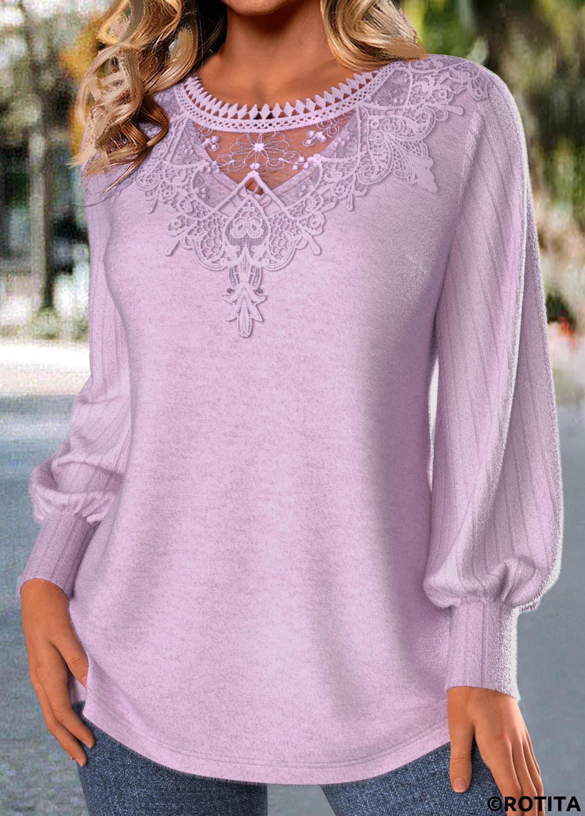 Light Purple tops,Plain Color tops,ROTITA Embroidery Light Purple Round Neck Long Sleeve T Shirt